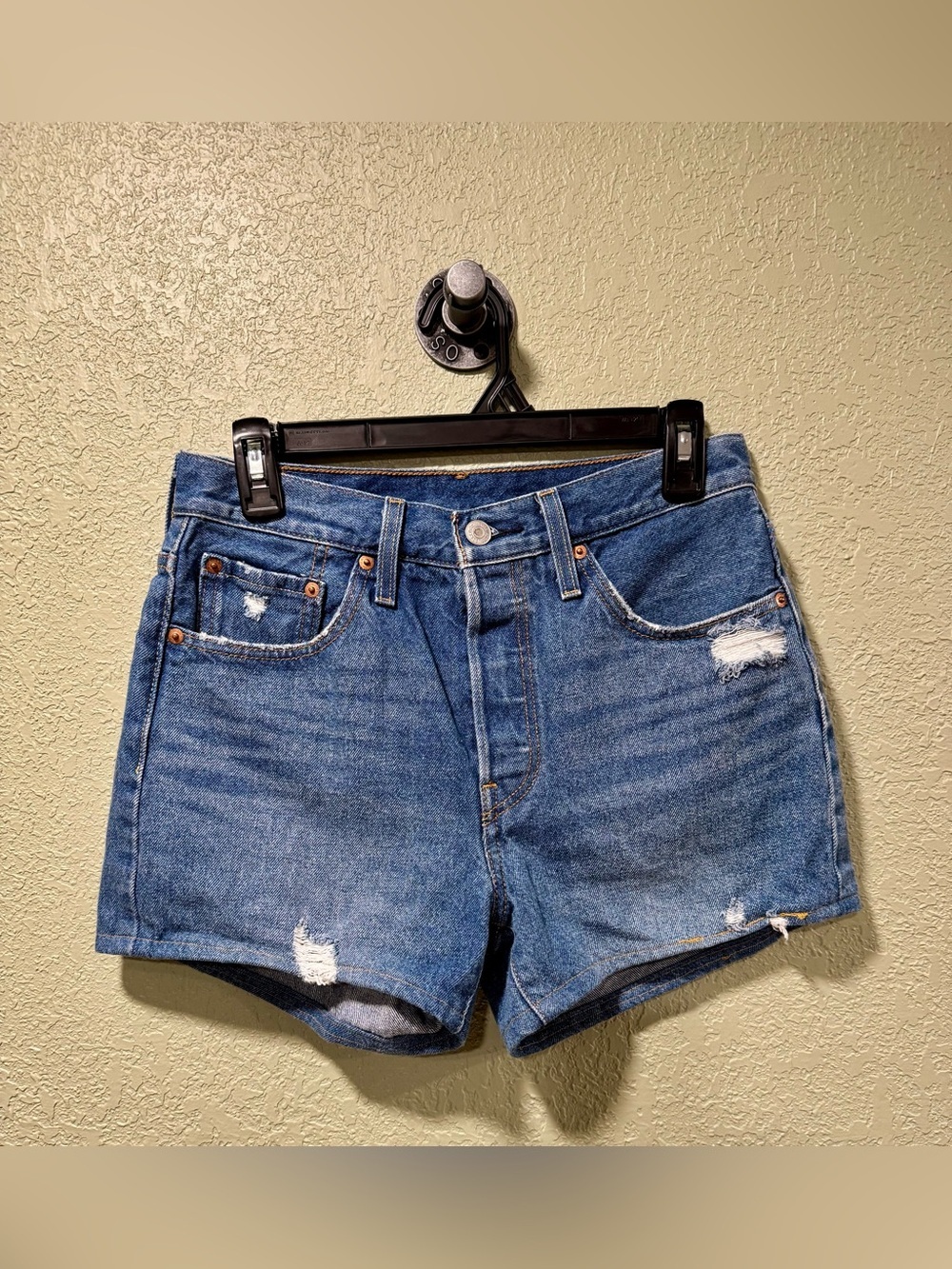 Levi's Blue Distressed High-Rise Denim Shorts 27